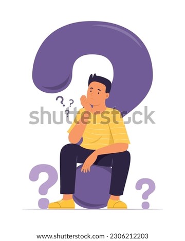 Man Thinking and Sitting on Big Question Mark Concept Illustration