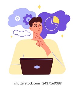 Man is thinking and sitting at the table with laptop