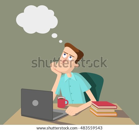 Man is thinking and sitting at the table with laptop and books. Vector illustration,