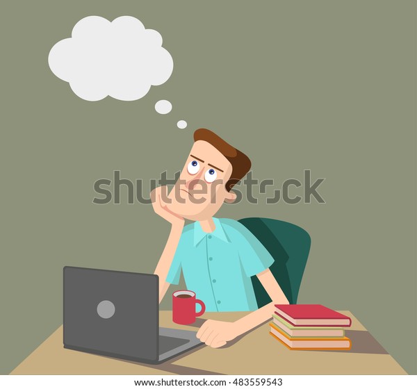 人間は考え 机の前でノートパソコンと本を持って座っている ベクターイラスト のベクター画像素材 ロイヤリティフリー
