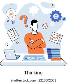 Man thinking sitting at table, with question mark and business icons. Problem solving concept. Creative thought. Brainstorming, idea and fantasy, motivation and inspiration, finding solution, answer