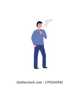 Man thinking and smoking. Standing man with cigarette in his hand, with cloud of black smoke. Cigarette addiction vector. Cartoon character vector image.