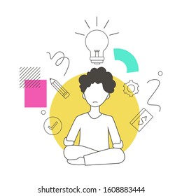 A man thinking something to demonstrate how to create an idea with outline flat style illustration