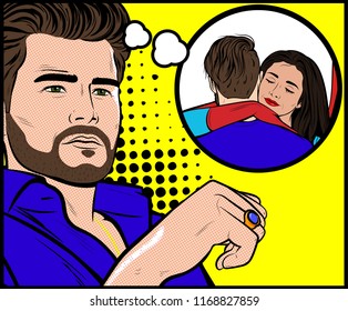 Man Thinking In Sunrise, Fashion. Future Looking And Thinking, Memories. Summer Holiday. Cheating And Love Triangle Concept. Cheating Divorced Couple - Vector Illustration In Pop Art Comic Style