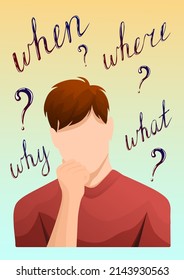Man is thinking. Text and question marks. Thinking concept. A4 vector illustration for flyer, poster, banner, advertising.