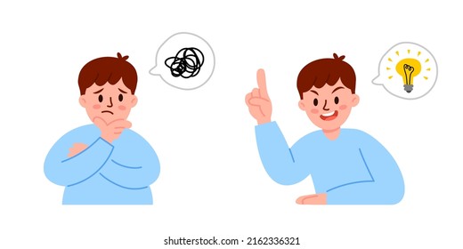 Man thinking and trying to find a solution with mess and happy with light bulb creative idea