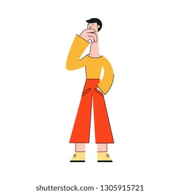 Man thinking vector illustration - young confused and doubted male character standing holding hand on chin and searching for idea or solution of problem isolated on white background.