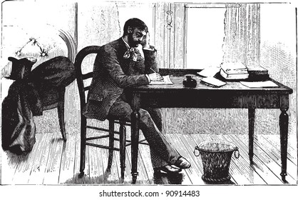 Man thinking - Vintage illustration from "La petite soeur par Hector Malot" 1882, France