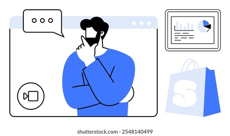 Homem pensando em um ícone de janela de reunião virtual, bolhas de bate-papo, gráfico na tela, saco de compras. Ideal para negócios digitais, comércio eletrônico, marketing on-line, reuniões virtuais e temas de trabalho remoto. Simples