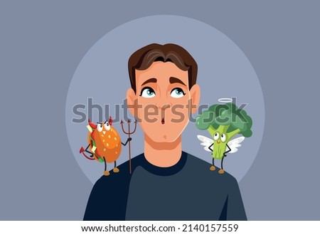 
Man Thinking What to Eat Choosing Between Healthy and Unhealthy Food. Person deciding between fast food and organic natural greenery 
