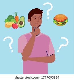 hombre pensando qué comer diseño, basura o saludable tema de decisión sobre alimentos Vector ilustración