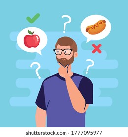 man thinking what to eat design, junk or healthy food decision theme Vector illustration