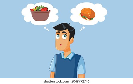 Man Thinking what to Eat Vector Illustration
Guy choosing between a healthy and a junk food meal option 
