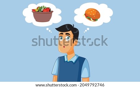 Man Thinking what to Eat Vector Illustration
Guy choosing between a healthy and a junk food meal option 
