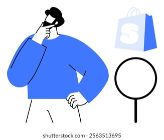 Man thinking while holding chin. Blue shopping bag with white S and magnifying glass. Ideal for e-commerce, online shopping, product search, retail marketing, consumer decision-making