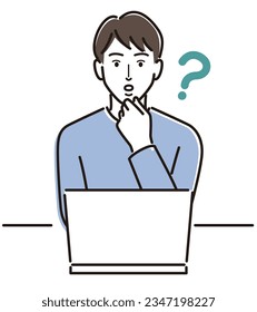man thinking while looking at laptop