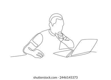 Man thinking while working from home.Working from home one-line drawing