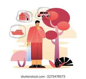 Man thinks about car and house. Shopper with dreams about expensive goods and purchases. Young guy making decision and choose between transport and real estate. Cartoon flat vector illustration