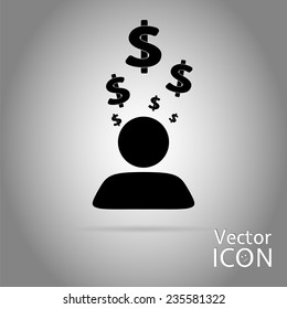 Man thinks about the dollar. Person, head over to the dollar. Flat Design Style. Made in vector