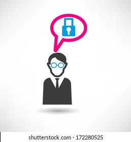 Man thinks about lock . Businessman concept icon
