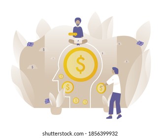 A man thinks about money and completes the concept of his thinking about finance. Vector illustration with Web communication idea for telework, remote working, making money, finance or investment