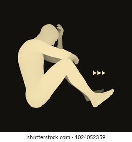 Man Thinks about a Problem. Despair, Depression, Hopelessness, Addiction Concept. 3D Model of Man. Vector Illustration. 