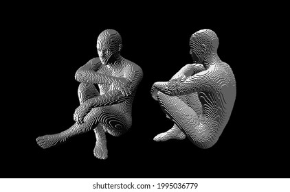 Man thinks about a problem. Despair, depression, hopelessness or addiction Concept. 3D model of man. Voxel art. Vector illustration.