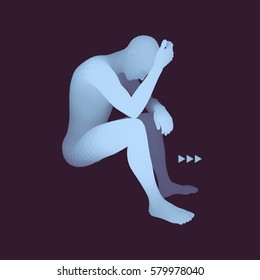 Man Thinks about a Problem. Despair, Depression, Hopelessness, Addiction Concept. 3D Model of Man. Vector Illustration. 