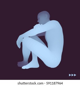 Man Thinks about a Problem. Despair, Depression, Hopelessness, Addiction Concept. 3D Model of Man. Vector Illustration. 