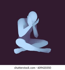 Man Thinks about a Problem. Despair, Depression, Hopelessness, Addiction Concept. 3D Model of Man. Vector Illustration.
