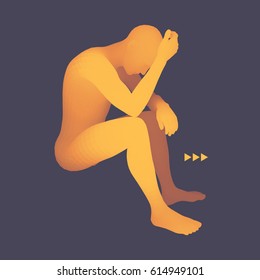 Man Thinks about a Problem. Despair, Depression, Hopelessness, Addiction Concept. 3D Model of Man. Vector Illustration. 