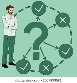A man thinks about problems and questions during the decision-making process. Business concept. Outline vector illustration.