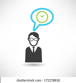 Man thinks about time. Businessman concept icon