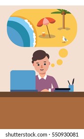 man thinks about  vacation, he want to rest