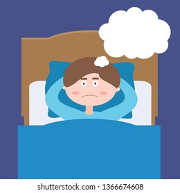 The man thinks before bedtime, lying in bed. Insomnia. Vector illustration.