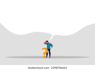 A man thinks big and dreams. A man stands thoughtfully near a question mark and reflects on life and problems. Imagination or creative people. Vector illustration
