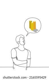 man thinks or dreams about stacks of gold coins - one line drawing vector. the concept of wanting to win or earn wealth, to become rich, financially successful