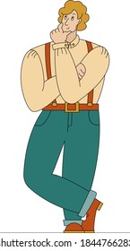 Man thinks or dreams with his hand on his chin and bending one leg. Vector illustration in cartoon style with thin stroke.