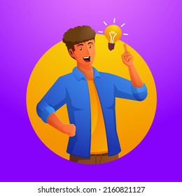 a man thinks and finds ideas with light bulb symbol