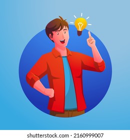a man thinks and finds ideas with light bulb symbol
