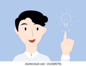 A man thinks and gives an idea. The idea is a light bulb. The guy points to the light bulb. Flat cartoon style vector illustration
