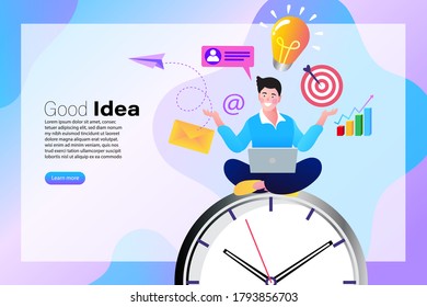 Man thinks of great idea. Good idea reach inspiration motivation, found solution for success at work. Vector illustration.