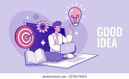 Man thinks of great idea. Good idea reach inspiration motivation, found solution for success at work. Business project startup process. Flat Cartoon Vector Illustration.