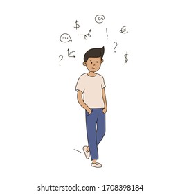 Man thinks how to earn. Young unemployed person. Question of business career. Financial crisis for employee. Poor guy dream to be businessman. Plan to earn money in future. Cartoon vector illustration