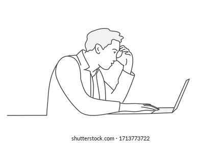 Man thinks and looks at a laptop. Contour drawing vector illustration. Line art.  
