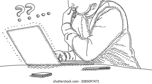 Man thinks on the laptop - sketchy hand-drawn vector illustration. 