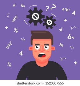 man thinks over a math problem. gears creak overhead. flat vector illustration.