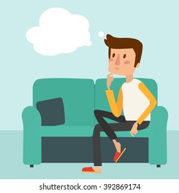 man thinks and sit on the sofa. vector illustration