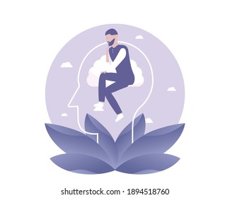 A man thinks. A man sits on his brain in his head. A metaphor for thinking. Vector illustration for telework, remote working and freelancing concept, business, start up