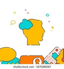 Man thinks thought filled line vector icon, simple illustration, people communication related bottom border.